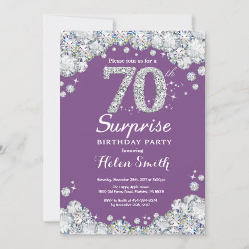 Surprise 70th Birthday Purple and Silver Diamond Invitation