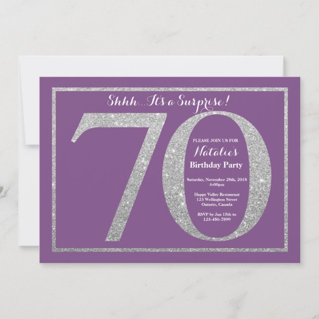 Surprise 70th Birthday Purple and Silver Glitter Invitation (Front)