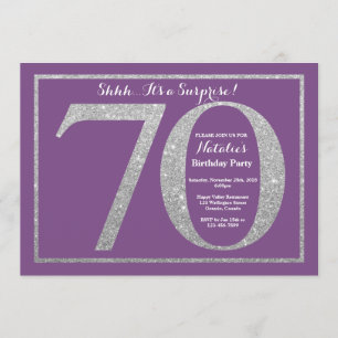 Surprise 70th Birthday Purple and Silver Glitter Invitation
