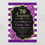 Surprise 70th Birthday - Purple Gold Invitation<br><div class="desc">Surprise 70th Birthday Invitation.
Feminine purple black gold design with faux glitter gold. Features stripes,  purple roses,  script font and confetti. Perfect for an elegant birthday party. Can be personalized to show any age. Message me if you need further customization.</div>