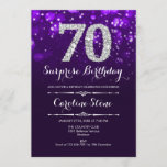 Surprise 70th Birthday - Purple Silver Invitation<br><div class="desc">Surprise 70th Birthday Invitation.
Elegant purple design with faux glitter silver. Adult birthday. Features diamonds,  bokeh lights and script font. Men or women bday invite.  Perfect for a stylish birthday party. Message me if you need further customization.</div>