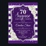 Surprise 70th Birthday - Purple Silver White Invitation<br><div class="desc">Surprise 70th Birthday Invitation.
Feminine purple,  white design with faux glitter silver. Features stripes,  white roses,  script font and confetti. Perfect for an elegant birthday party. Can be personalized to show any age. Message me if you need further customization.</div>