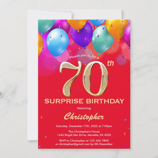 Surprise 70th Birthday Red and Gold Balloons Invitation (Front)