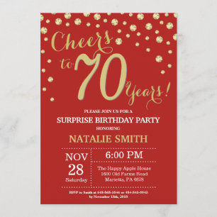 Surprise 70th Birthday Red and Gold Diamond Invitation