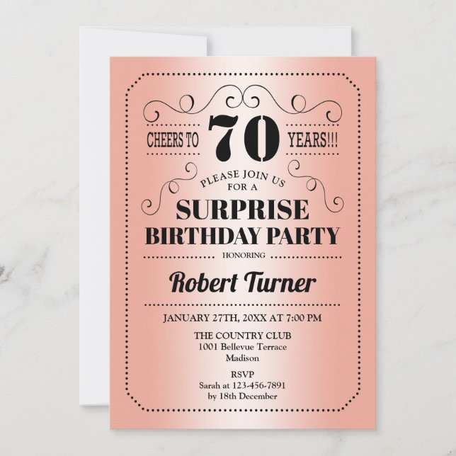 Surprise 70th Birthday - Rose Gold Black Invitation (Front)