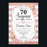 Surprise 70th Birthday - Rose Gold White Pink Invitation<br><div class="desc">Surprise 70th Birthday Invitation.
Feminine white,  blush pink design with faux glitter rose gold. Features stripes,  pink roses,  script font and confetti. Perfect for an elegant birthday party. Can be personalized to show any age. Message me if you need further customization.</div>