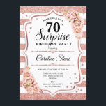 Surprise 70th Birthday - Rose Gold White Pink Invitation<br><div class="desc">Surprise 70th Birthday Invitation.
Feminine white,  blush pink design with faux glitter rose gold. Features stripes,  pink roses,  script font and confetti. Perfect for an elegant birthday party. Can be personalized to show any age. Message me if you need further customization.</div>