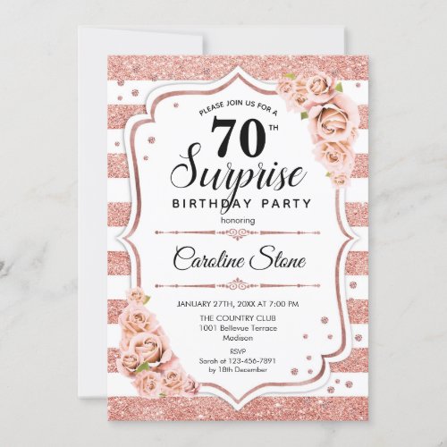 Surprise 70th Birthday _ Rose Gold White Pink Invitation
