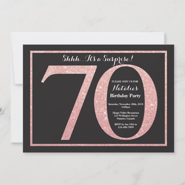 Surprise 70th Birthday Rose Pink Gold Glitter Invitation (Front)