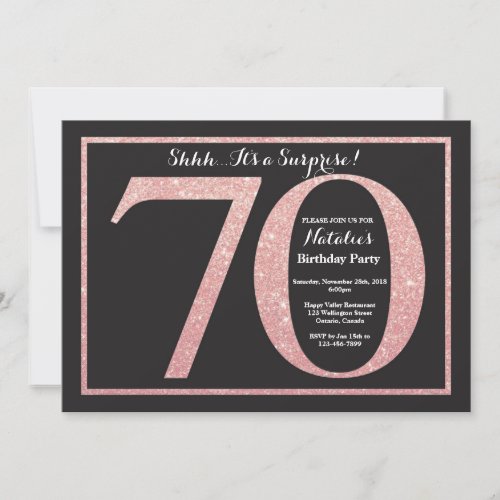 Surprise 70th Birthday Rose Pink Gold Glitter Invitation