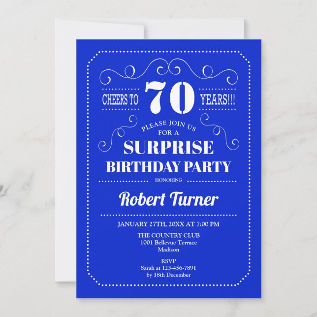 Surprise 70th Birthday - Royal Blue Invitation (Front)