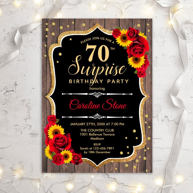 Surprise 70th Birthday - Rustic Wood Sunflowers Invitation (Creator Uploaded)