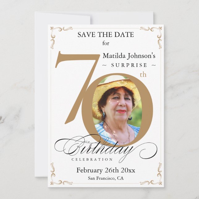 Surprise 70th Birthday Save The Date Gold White Invitation (Front)