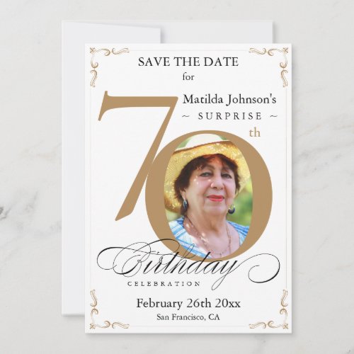 Surprise 70th Birthday Save The Date Gold White Invitation