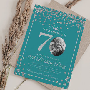 SURPRISE 70th Birthday Silver Confetti Turquoise Invitation