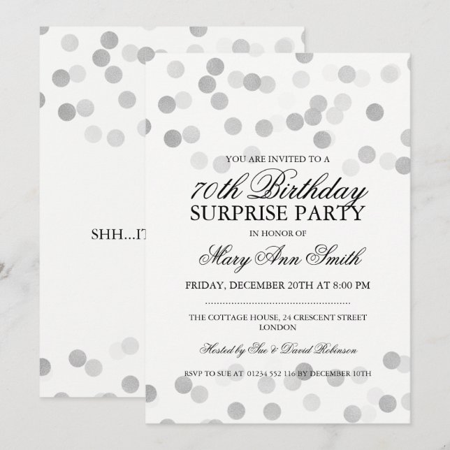 Surprise 70th Birthday Silver Foil Glitter Lights Invitation (Front/Back)