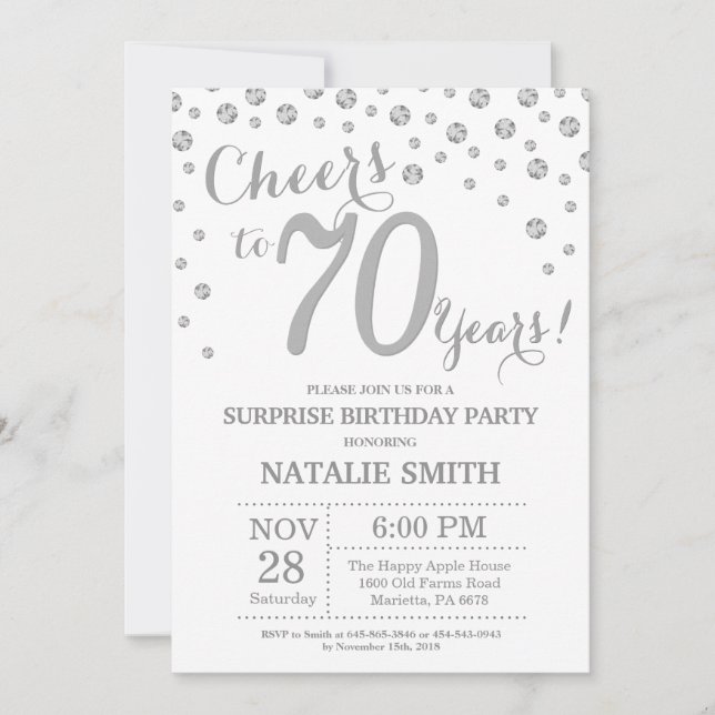 Surprise 70th Birthday Silver Glitter Diamond Invitation (Front)