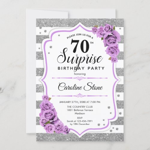 Surprise 70th Birthday _ Silver White Purple Invitation