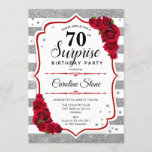 Surprise 70th Birthday - Silver White Red Invitation<br><div class="desc">Surprise 70th Birthday Invitation.
Feminine white,  red design with faux glitter silver. Features stripes,  red roses,  script font and confetti. Perfect for an elegant birthday party. Can be personalized to show any age. Message me if you need further customization.</div>