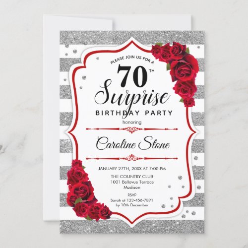 Surprise 70th Birthday _ Silver White Red Invitation
