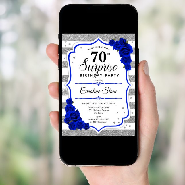 Surprise 70th Birthday - Silver White Royal Blue Invitation (Front Digital)