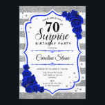 Surprise 70th Birthday - Silver White Royal Blue Invitation<br><div class="desc">Surprise 70th Birthday Invitation.
Feminine white,  royal blue design with faux glitter silver. Features stripes,  navy roses,  script font and confetti. Perfect for an elegant birthday party. Can be personalized to show any age. Message me if you need further customization.</div>