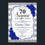 Surprise 70th Birthday - Silver White Royal Blue Invitation<br><div class="desc">Surprise 70th Birthday Invitation.
Feminine white,  royal blue design with faux glitter silver. Features stripes,  navy roses,  script font and confetti. Perfect for an elegant birthday party. Can be personalized to show any age. Message me if you need further customization.</div>
