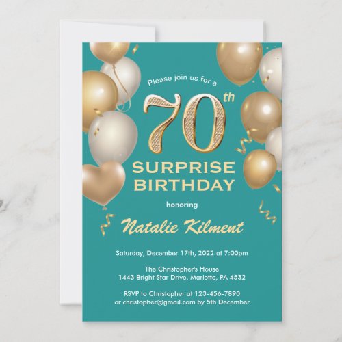 Surprise 70th Birthday Teal and Gold Balloons Invitation