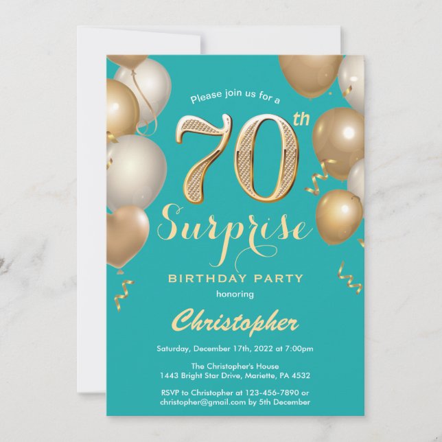 Surprise 70th Birthday Teal and Gold Balloons Invitation (Front)