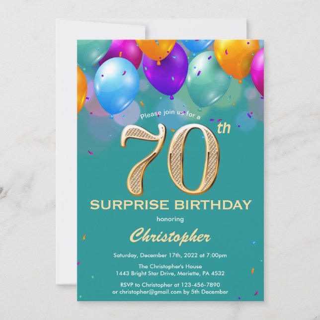Surprise 70th Birthday Teal and Gold Balloons Invitation (Front)