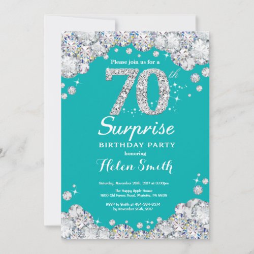 Surprise 70th Birthday Teal and Silver Diamond Invitation