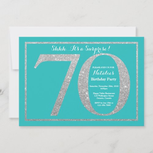 Surprise 70th Birthday Teal and Silver Glitter Invitation