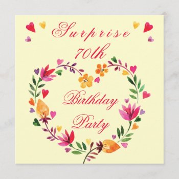 Surprise 70th Birthday Watercolor Floral Heart Invitation by JK_Graphics at Zazzle