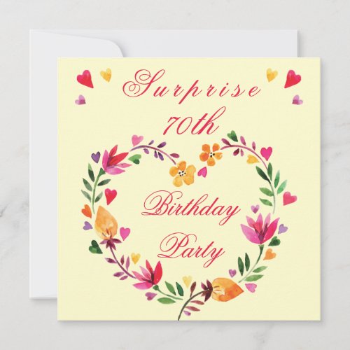 Surprise 70th Birthday Watercolor Floral Heart Invitation