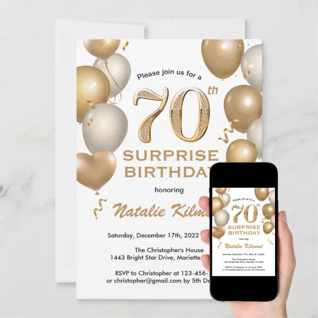 Surprise 70th Birthday White and Gold Balloons Invitation | Zazzle