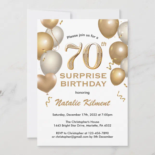 Surprise 70th Birthday White and Gold Balloons Invitation | Zazzle