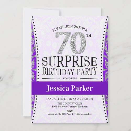Surprise 70th Birthday _ White Silver Purple Invitation