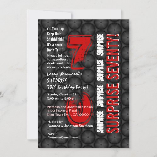SURPRISE 70th Modern Birthday Red Black Circles Announcements