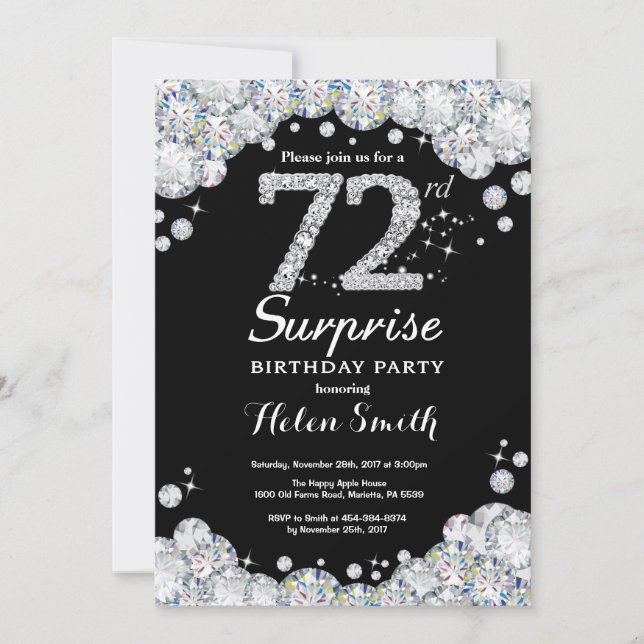 Surprise 72nd Birthday Invitation Silver Diamond (Front)