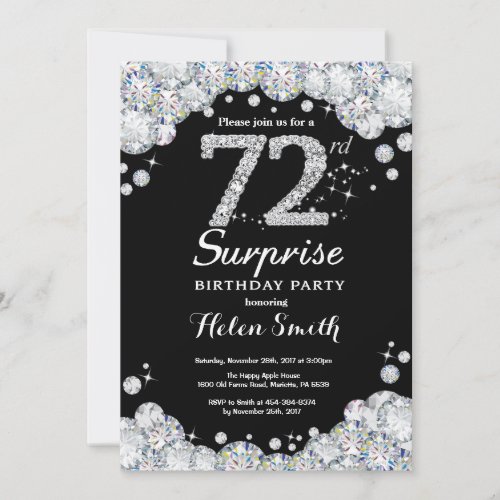 Surprise 72nd Birthday Invitation Silver Diamond