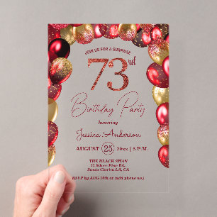 Surprise 73rd Birthday Party Gold Burgundy Glitter Acrylic Invitations