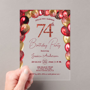 Surprise 74th Birthday Party Gold Burgundy Glitter Acrylic Invitations