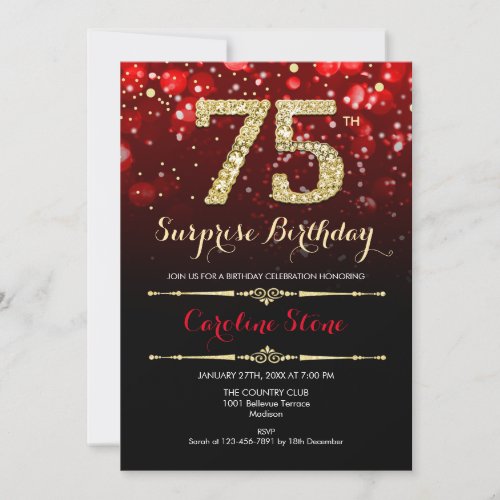 Surprise 75th Birthday _ Black Red Gold Invitation