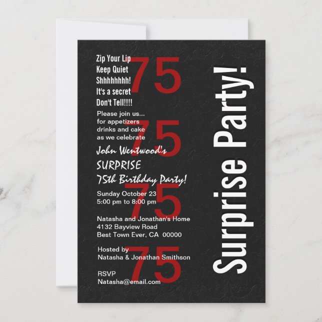 SURPRISE 75th Birthday Black White Red v2 Invitation (Front)
