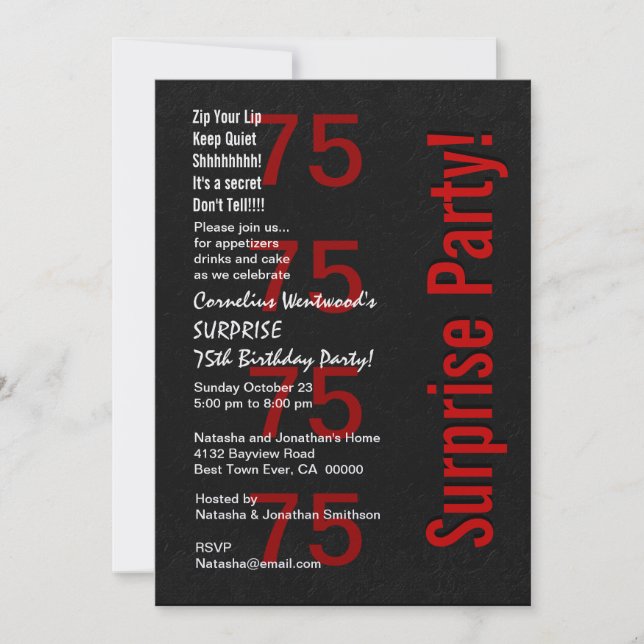 SURPRISE 75th Birthday Black White Red Ver B04 Invitation (Front)