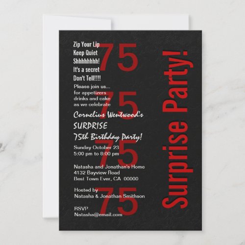 SURPRISE 75th Birthday Black White Red Ver B04 Custom Invites