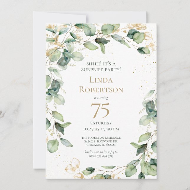 Surprise 75th Birthday Eucalyptus  Invitation (Front)