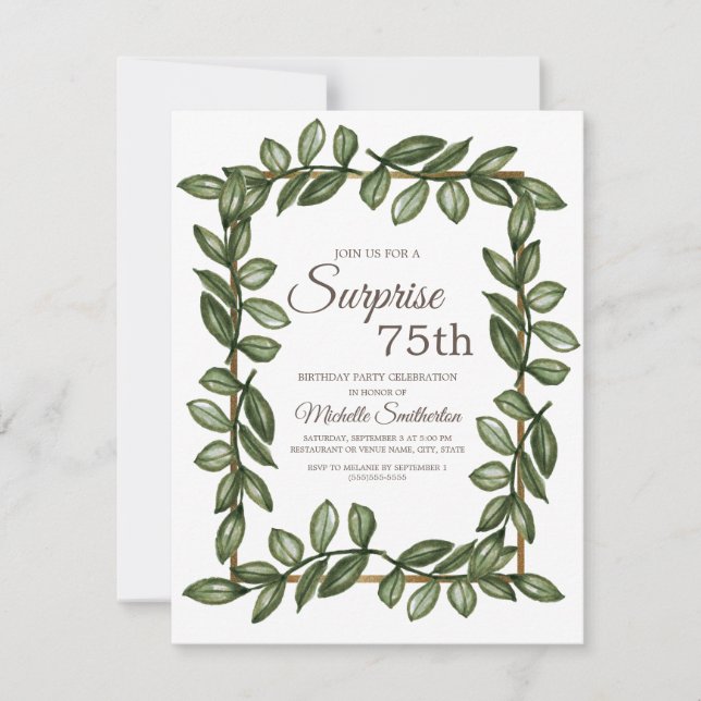 Surprise 75th Birthday Green Leaves Women Invitation (Front)
