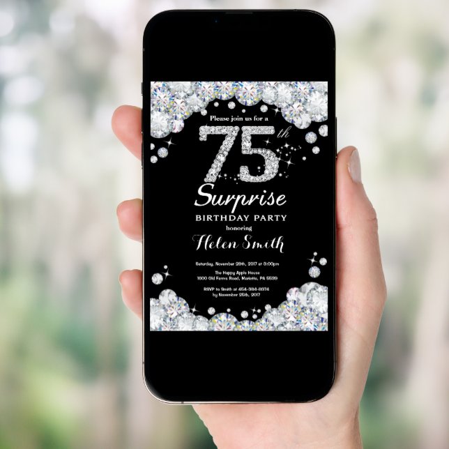 Surprise 75th Birthday Invitation Silver Diamond (Front Digital)