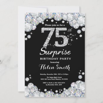 Surprise 75th Birthday Invitation Silver Diamond by Happyappleshop at Zazzle